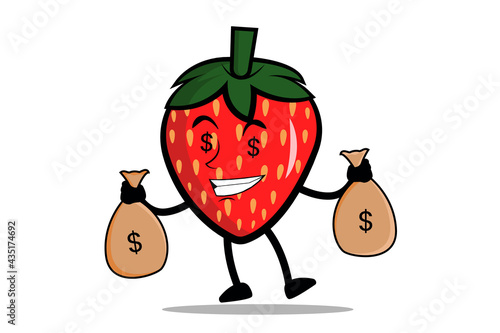 Strawberry Cartoon mascot or character carries a sack of money, a paycheck from his business