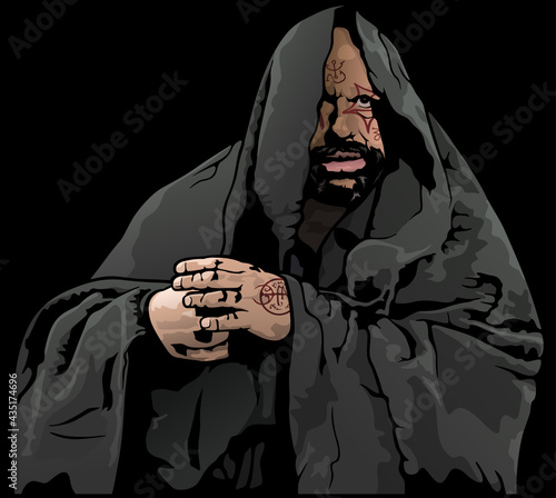 Mysterious Monk with Magic Tattoo - Colored Illustration Isolated on Black Background