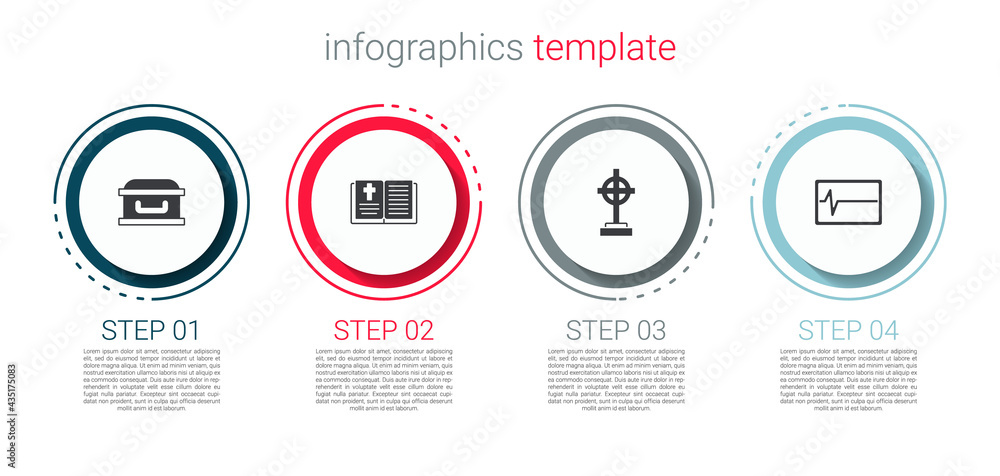 Set Coffin with cross, Holy bible book, Grave and Beat dead monitor. Business infographic template. Vector Set Coffin with cross, Holy bible book, Grave and Beat dead monitor. Business infographic template. Vector