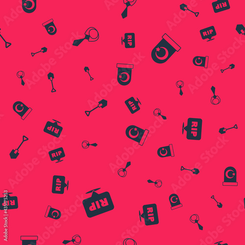 Set Speech bubble rip death, Tie, Shovel and Muslim cemetery on seamless pattern. Vector