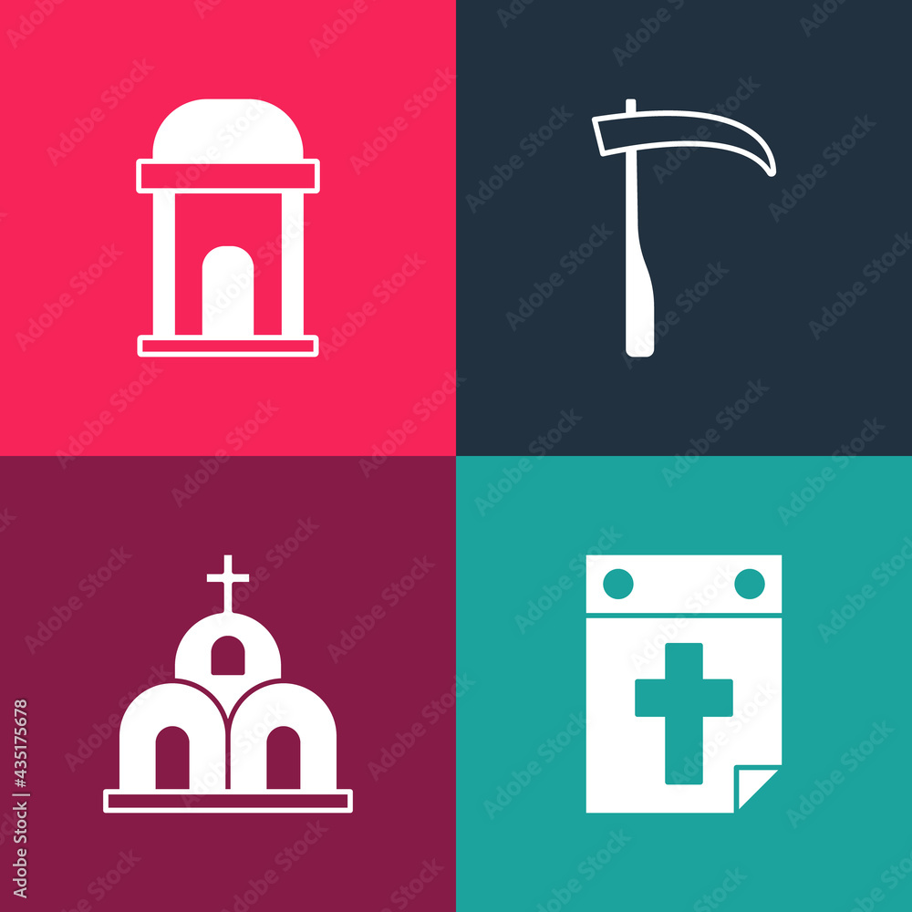 Set pop art Calendar death, Church building, Scythe and Old crypt icon. Vector Set pop art Calendar death, Church building, Scythe and Old crypt icon. Vector