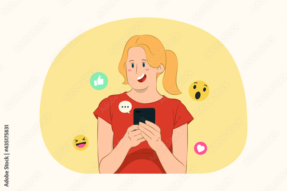 Young woman hold mobile phone chatting browsing searching concept Young woman hold mobile phone chatting browsing searching concept