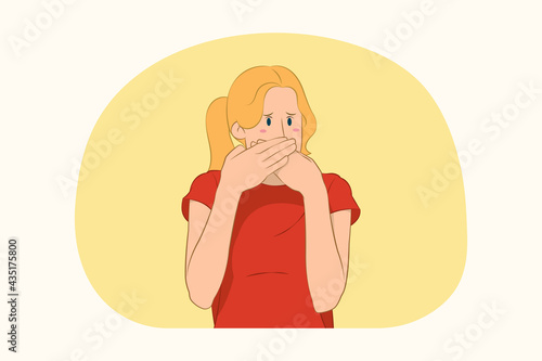 Young shocked scared woman cover mouth with hands concept
