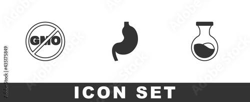 Set No GMO, Human stomach and Test tube and flask icon. Vector