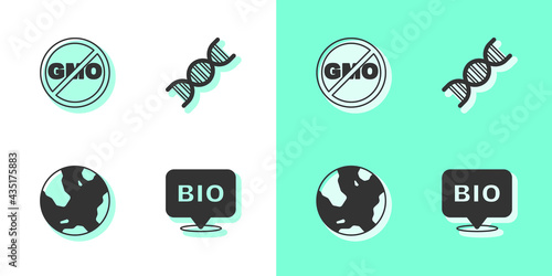 Set Bio healthy food, No GMO, Earth globe and DNA symbol icon. Vector