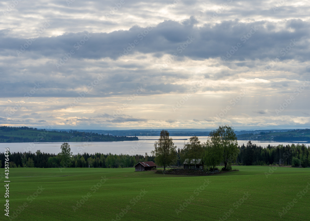Fototapeta premium View of Lake Mjøsa and Nessundet Bridge in spring.