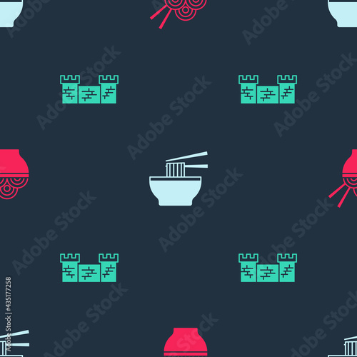 Set Asian noodles in bowl, and Great wall of China on seamless pattern. Vector