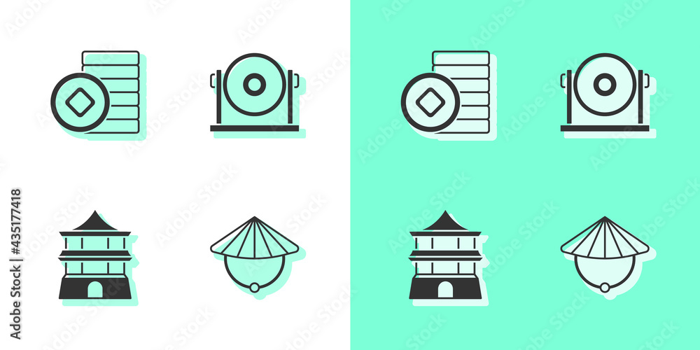 Set Chinese conical straw hat, Yuan currency, house and Gong icon. Vector