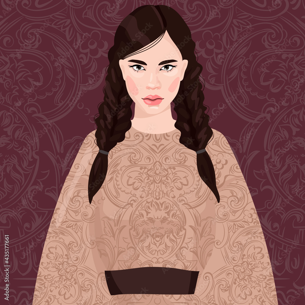 a young girl with braided hair. in a kimono with an ethnic pattern.