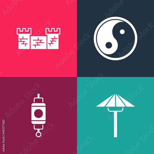 Set pop art Japanese umbrella from the sun, Chinese paper lantern, Yin Yang and Great wall of China icon. Vector