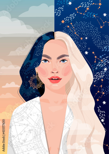A beautiful attractive girl symbolizes night and day. astrological signs.