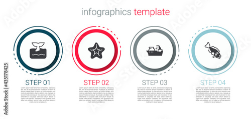 Set Whale tail in ocean wave, Starfish, Fishing boat and . Business infographic template. Vector