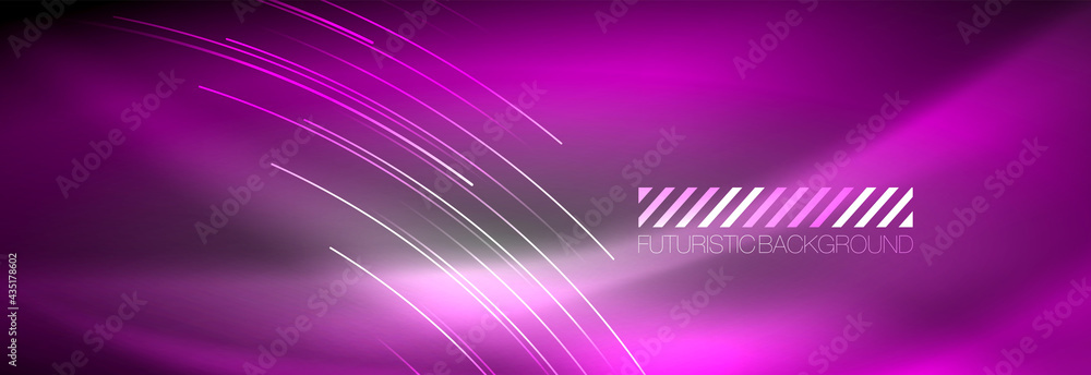 Neon glowing lines, magic energy and light motion background. Vector wallpaper template