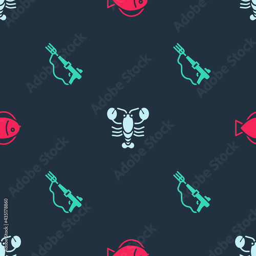 Set Fish, Lobster and Fishing harpoon on seamless pattern. Vector