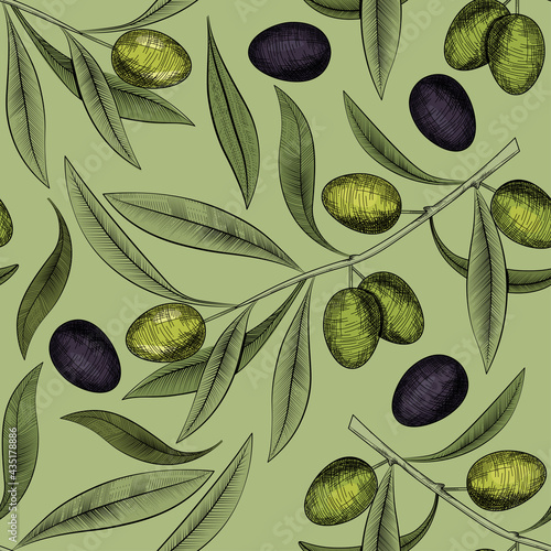Olives seamless pattern in engraved style, Olives fabric background. Vector illustration in sketch style