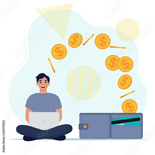 Make money online concept. Man with laptop work. Vector illustration in flat style