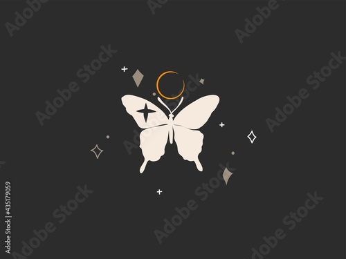 Hand drawn vector abstract stock flat graphic illustration with logo element,bohemian magic art of gold crescent moon,butterfly silhouette in simple style for branding,isolated on black background
