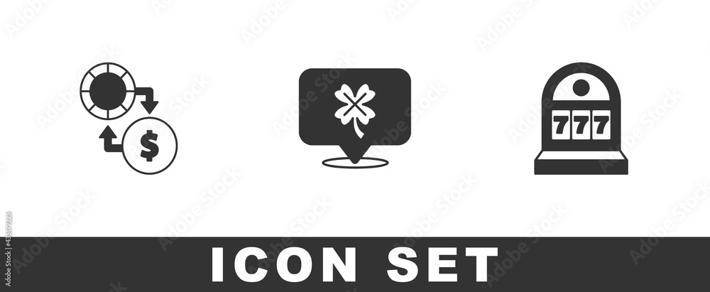 Set Casino chips exchange on money, slot machine with clover and Slot jackpot icon. Vector Set Casino chips exchange on money, slot machine with clover and Slot jackpot icon. Vector