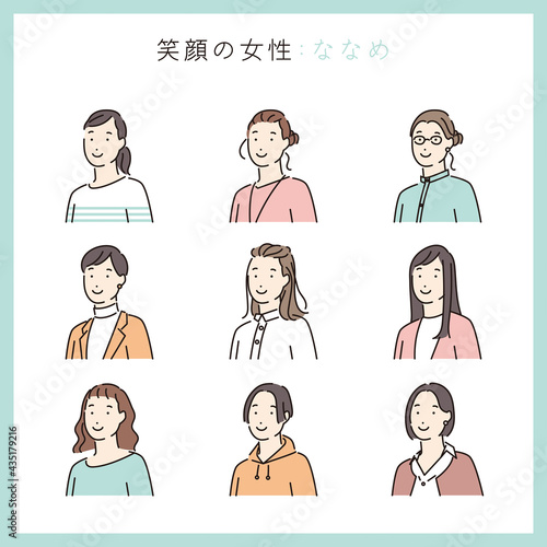 シンプル　イラスト　笑顔の女性の上半身　ななめ