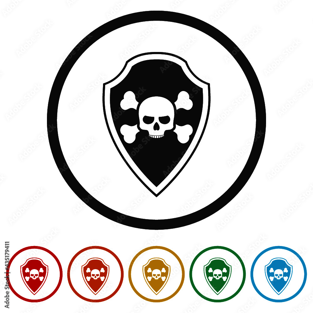 Shield with pirate skull ring icon isolated on white background color set