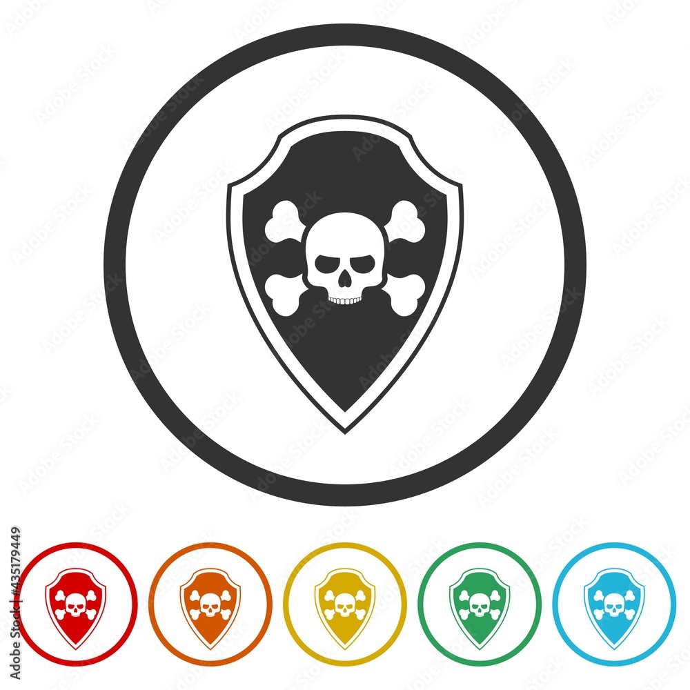 Shield with pirate skull ring icon isolated on white background color set Shield with pirate skull ring icon isolated on white background color set