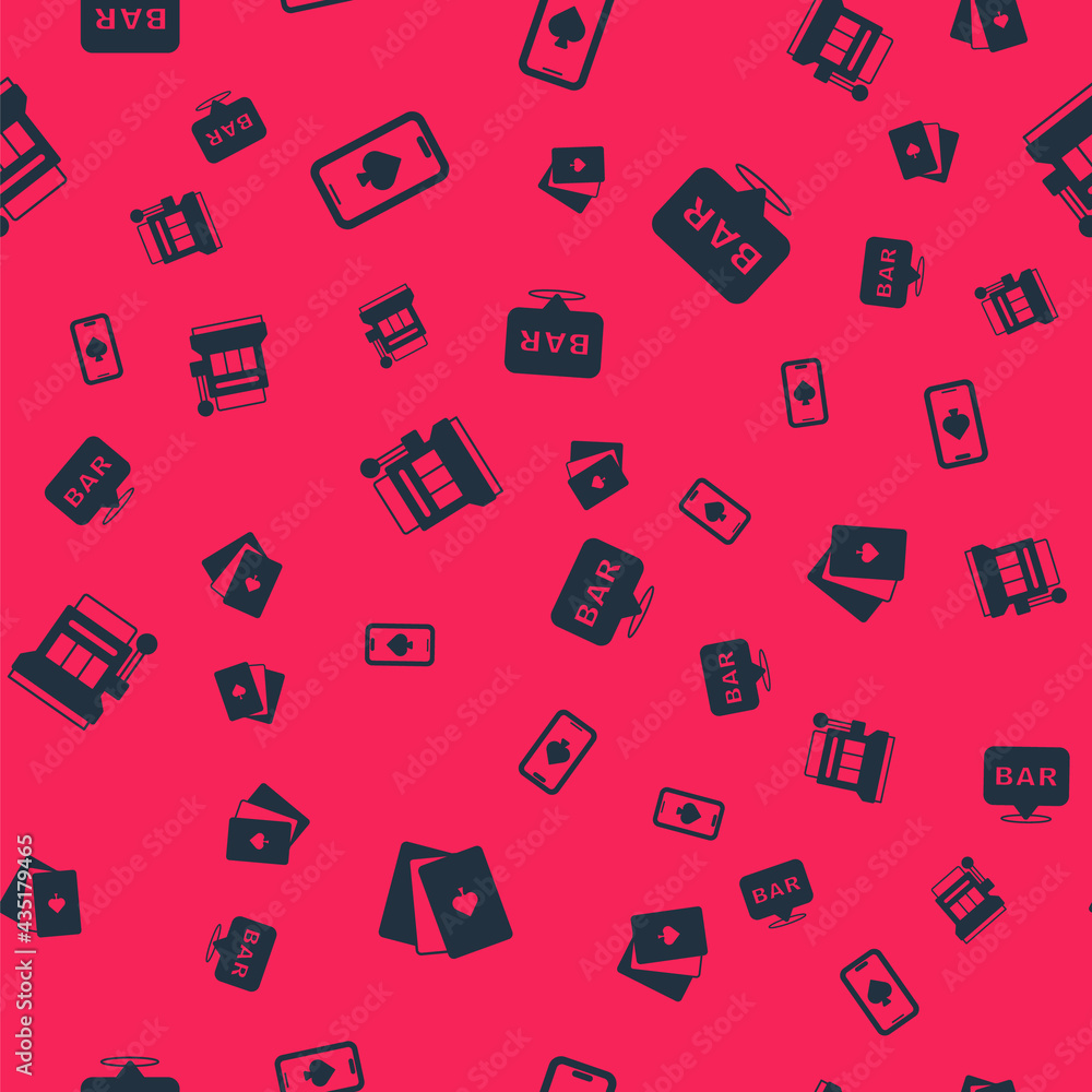 Set Deck of playing cards, Online poker table game, Slot machine and Alcohol bar location on seamless pattern. Vector Set Deck of playing cards, Online poker table game, Slot machine and Alcohol bar location on seamless pattern. Vector