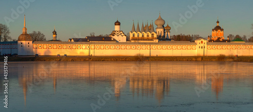 Tikhvin Theotokos Assumption Monastery in the sunny December evening. Leningrad region, Russia