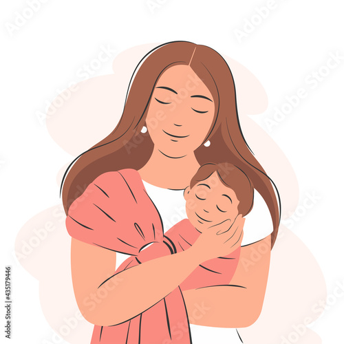 Mom and newborn baby. Touching portrait. Family, health, motherhood concept, Happy Mother's Day.  Flat vector illustration.