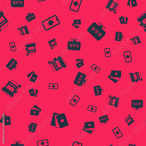 Set Deck of playing cards, Online poker table game, Slot machine and Alcohol bar location on seamless pattern. Vector