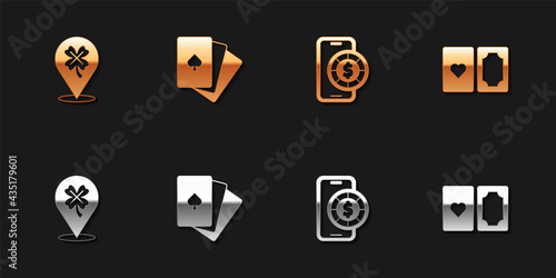 Set Casino slot machine with clover, Deck of playing cards, Online poker table game and icon. Vector
