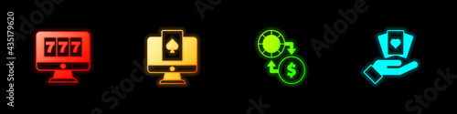 Set Online slot machine with jackpot, poker table game, Casino chips exchange on money and Hand holding playing cards icon. Vector