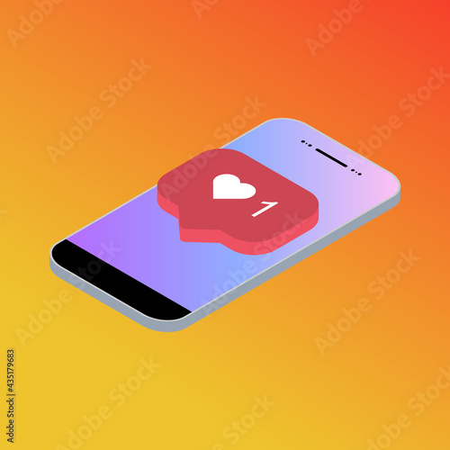 Follower isometric phone notification symbol for application instagram. App button for social media. Vector illustration icon