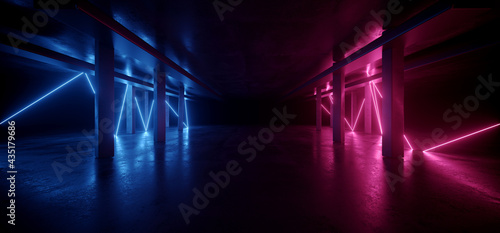 Laser Neon Purple Blue Futuristic Retro Cyber Sci Fi Blade Runner Concrete Garage Hangar Tunnel Corridor Asphalt Dark Modern Lights Club Stage 3D Rendering © IM_VISUALS