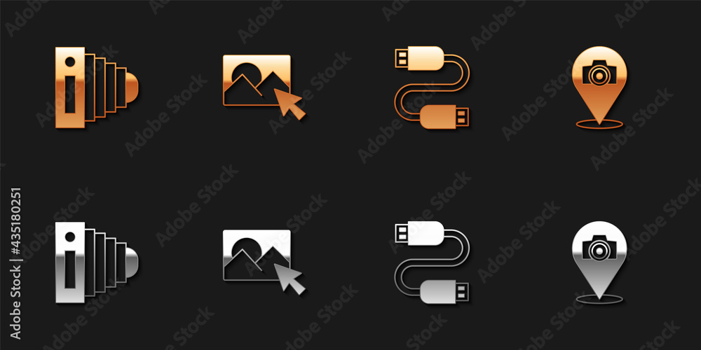 Set Photo camera, retouching, USB cable cord and icon. Vector Set Photo camera, retouching, USB cable cord and icon. Vector