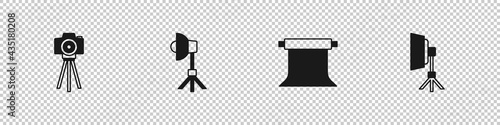 Set Photo camera, Softbox light, Empty photo studio and icon. Vector