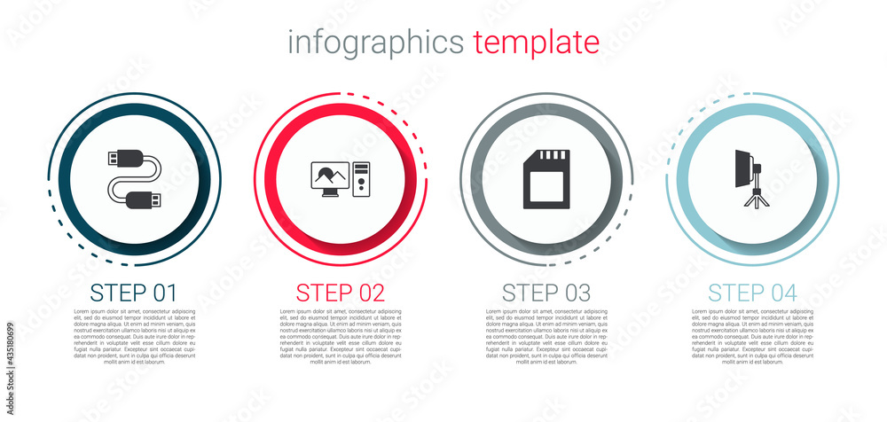Set USB cable cord, Photo retouching, SD card and Softbox light. Business infographic template. Vector Set USB cable cord, Photo retouching, SD card and Softbox light. Business infographic template. Vector