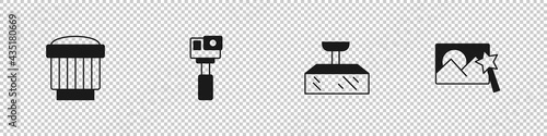 Set Camera photo lens, Action camera, Softbox light and Photo retouching icon. Vector