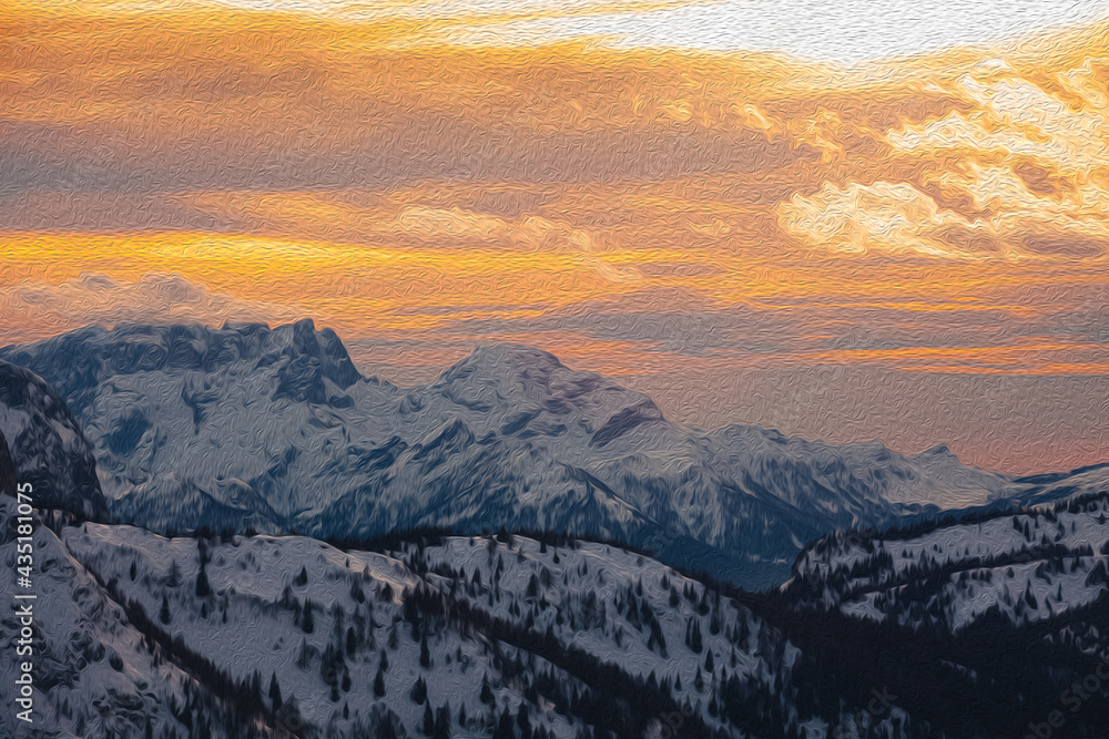Illustration with oil painting technique of winter panorama of Pale di San Martino Peaks at sunset. San Vito di Cadore, Dolomites, Italy