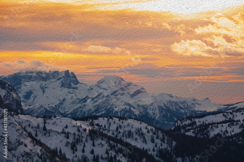 Illustration with oil painting technique of winter panorama of Pale di San Martino Peaks at sunset. San Vito di Cadore, Dolomites, Italy © Gianluca