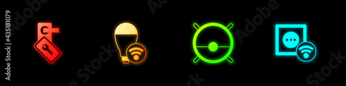 Set Digital door lock, Smart light bulb, Robot vacuum cleaner and electrical outlet icon. Vector
