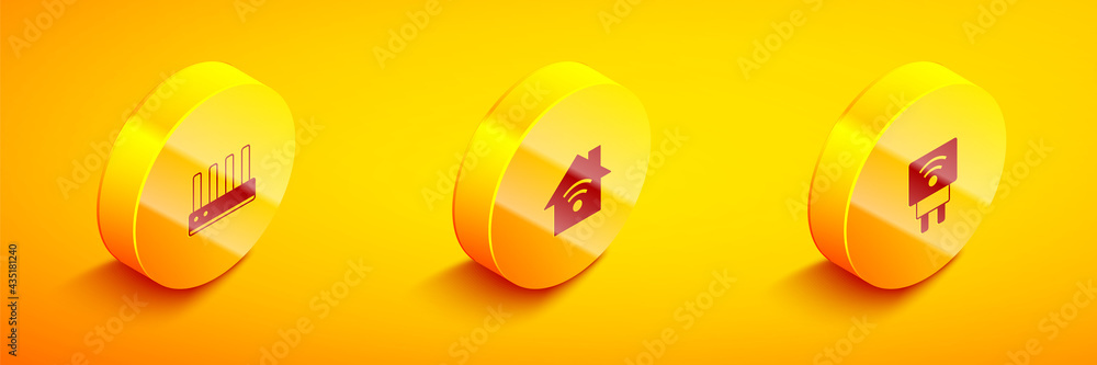 Set Isometric Router and wi-fi signal, Smart home with and electric plug icon. Vector Set Isometric Router and wi-fi signal, Smart home with and electric plug icon. Vector