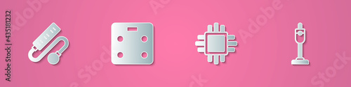 Set paper cut Electric extension cord, Smart bathroom scales, Processor with CPU and Vacuum cleaner icon. Paper art style. Vector