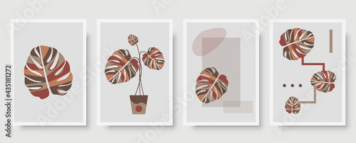 Abstract botanical wall art vector set. Foliage line drawing. Neutral boho art print. Minimal mid century wall art print for bedroom decor. Gallery decor poster, terracota watercolor. Vector poster