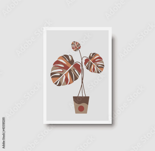 Botanical wall art abstract vector. Foliage line drawing. Neutral boho art print. Minimal mid century wall art print for bedroom decor. Gallery decor poster, terracota watercolor. Vector illustration
