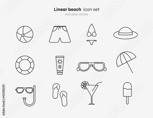 Summer icon set for swimming and relaxation. Web summer design elements for summer holidays and beach. Beach icon set. Beach flat pictogram set isolated on white background