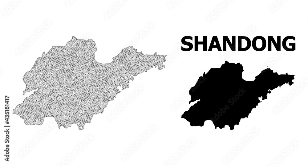 Polygonal mesh map of Shandong Province in high detail resolution. Mesh lines, triangles and dots form map of Shandong Province.