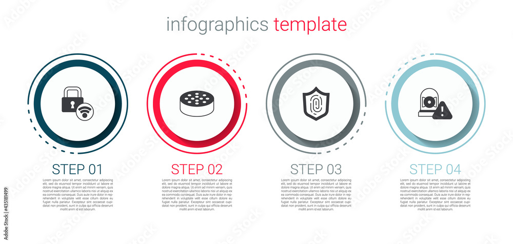 Set Digital door lock, Water sensor, Fingerprint and Ringing alarm bell. Business infographic template. Vector Set Digital door lock, Water sensor, Fingerprint and Ringing alarm bell. Business infographic template. Vector