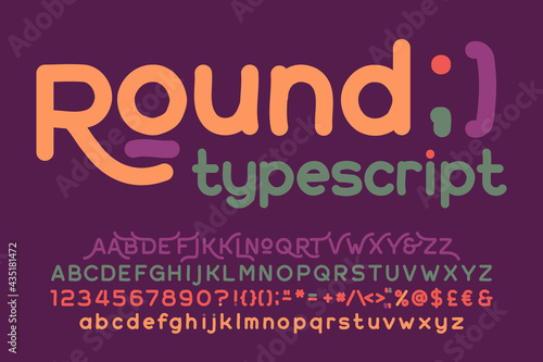 Round alphabet font. Playful hand drawn uppercase and lowercase letters, numbers and symbols. Stock vector typeface for flyer, logo, book cover and other design.