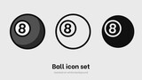 Black 8 pool ball icon set. Set of black 8 pool ball for sport, activity and game. Ball pictogram isolated on white background. Sport equipment. Vector illustration