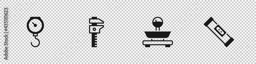 Set Hand scale spring mechanical, Calliper or caliper, Scales and Construction bubble level icon. Vector